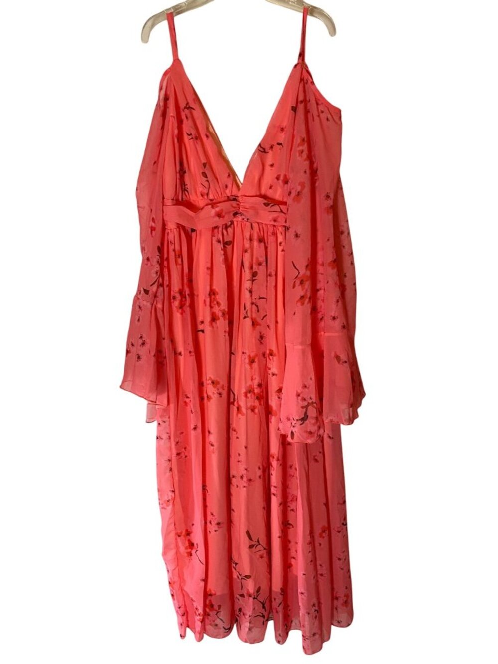 Floral Coral Pink Maxi Dress Sheer Bell Sleeves V-Neck Waist Tie XL - Picture 2 of 11